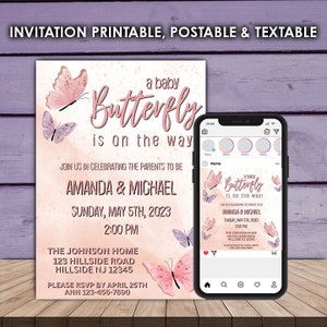 Baby Shower Invitation Template - Butterfly Shower - Editable in Canva - Social Media Post - Instant Download - Print & Mobile Optimized