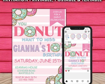 Plantilla de invitación de cumpleaños con forma de dona: invitación editable para fiestas y redes sociales (descarga instantánea)
