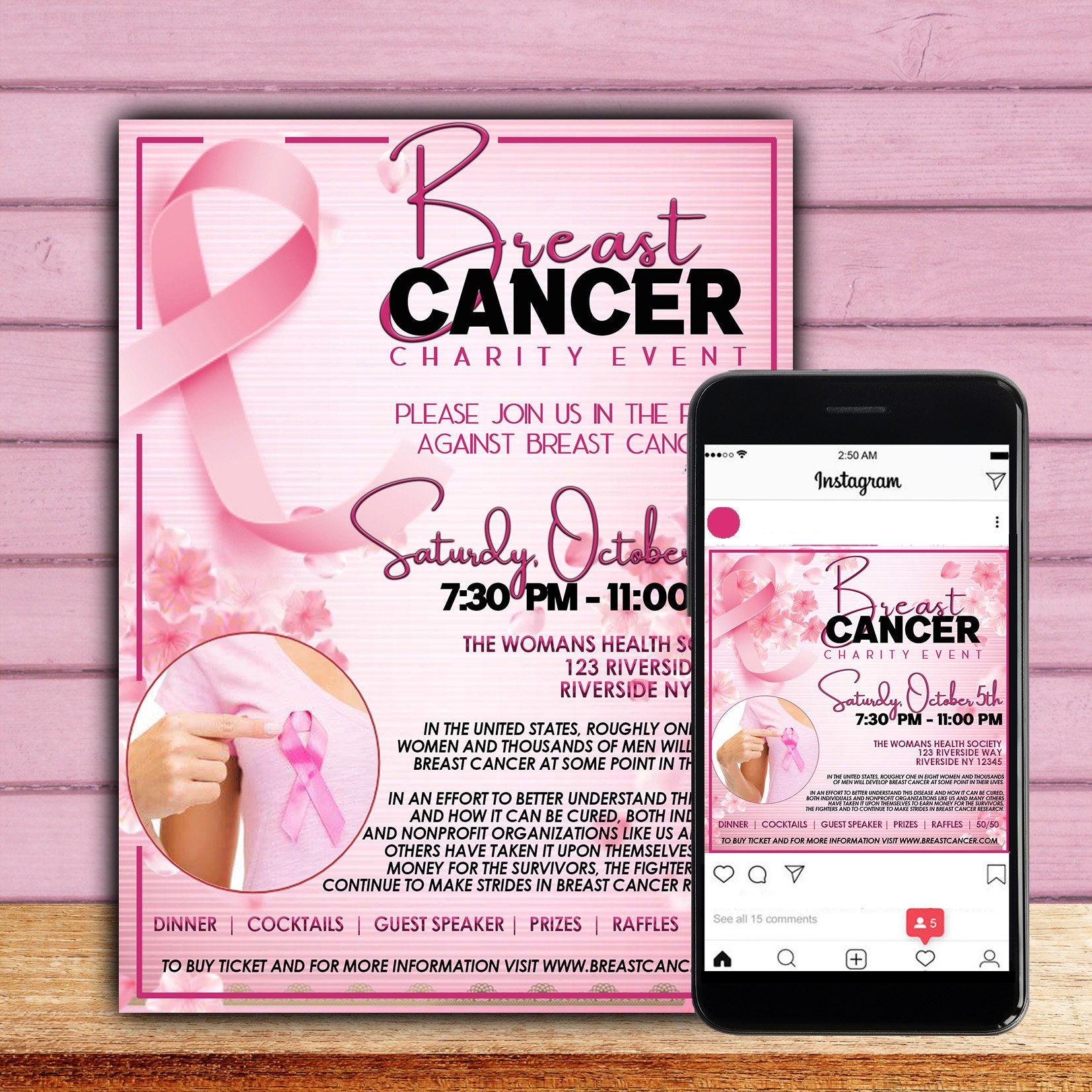 Breast Cancer Fundraiser Flyer Template – Editable Photoshop, Social Media  (instant Download) - Etsy