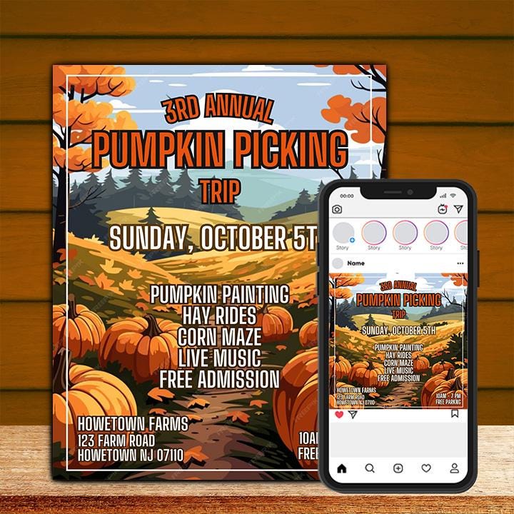Pumpking Picking Event Flyer and Instagram Template, Fundraiser flyer,Editable in Canva Template, Instant Download, 1 Flyer 1 Instagram File