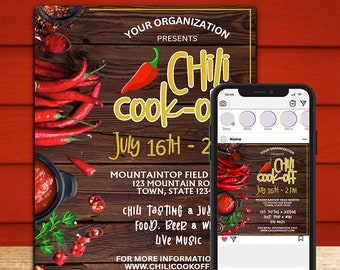 Chili Cook Off Event Flyer and Instagram Template, Fundraiser flyer, Editable in Canva Template, Instant Download, 1 Flyer 1 Instagram File