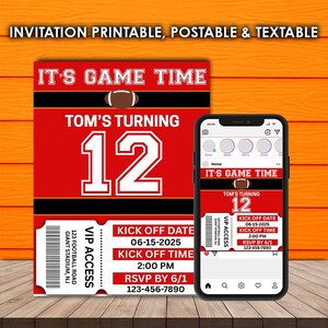 May include: Printable invitation for a football-themed birthday party. The invitation features a red and black jersey with the number 12 and the text "It's Game Time" and "Tom's Turning 12". The invitation also includes a ticket-style design with the date, time, and RSVP information.