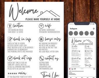 Airbnb Welcome Sign Template, Vacation Rental Guest Info (Digital Download)