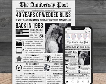 May include: A vintage newspaper style poster celebrating a 40th wedding anniversary. The poster is titled "The Anniversary Post" and features a headline that reads "40 Years of Wedded Bliss". The poster includes details about the year 1983, including the U.S. President, population, popular movies, TV shows, music, fashion, and sports.