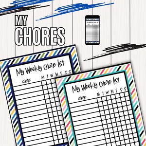 May include: Two printable chore charts with colorful striped borders. The charts are titled "My Weekly Chore List" and have columns for each day of the week. The charts are designed to help people stay organized and on track with their chores.