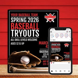 Baseball Flyer and Instagram Post Template, Team Flyer, Sports Flyer, Digital Download, Editable in Canva, 1 Flyer and 1 Instagram Post