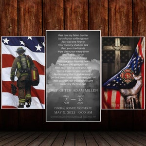May include: A memorial card for a firefighter named Adam Miller. The card features an American flag, a firefighter's helmet, a cross, and a fire rescue emblem. The text reads "Rest now my fallen brother...Firefighter Adam Miller...May 7, 1948 - April 30, 2023...Funeral Service and Tribute...May 5, 2023 9:00 AM...St. Peters Church | 123 Church Road | New York, NY."