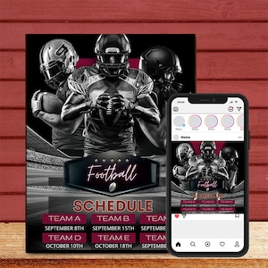 Football Schedule Flyer and Instagram Post Templates, Editable in Canva, Digital Download, Editable in Canva, 1 Flyer and 1 Instagram Post