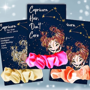 Aanpasbare Steenbok Zodiac-kaarten, afdrukbare feestartikelen, gepersonaliseerde Scrunchie-houder, bewerken in Canva, 4 versies, 6 meisjesopties