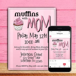 Szablon ulotki „Muffins with Mom” — post w mediach społecznościowych — edytowalny w Canva — Dzień Matki — natychmiastowe pobranie — zoptymalizowany pod kątem komputerów, drukarek i urządzeń mobilnych