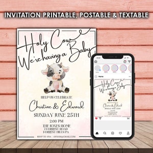 Convite de anúncio do bebê Holy Cow e modelo de postagem do Instagram, editável no Canva, otimizado para impressão, envio por e-mail e postagem