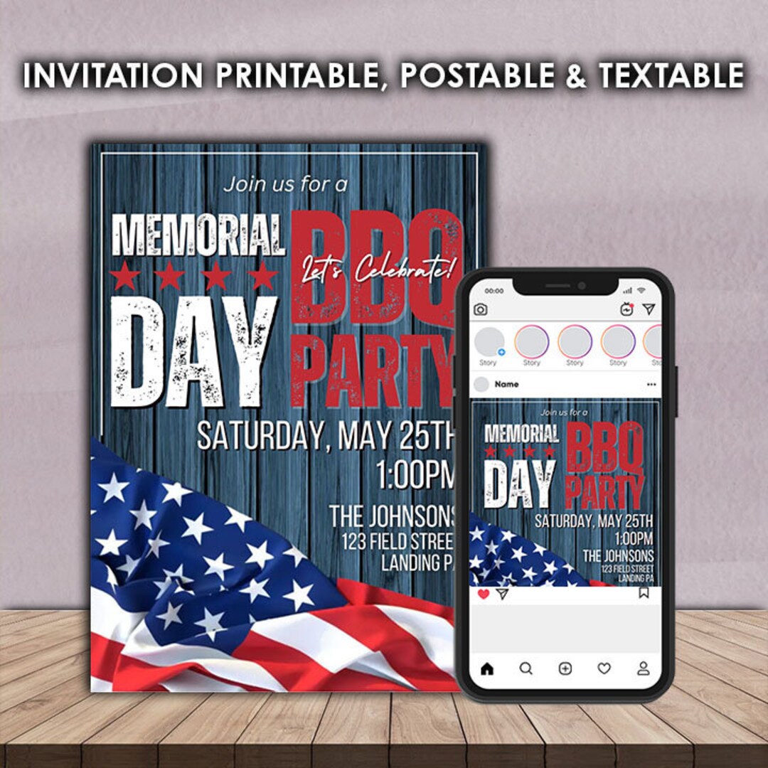 Memorial Day BBQ Invitation Template – Editable Canva Design (digital ...