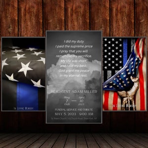 May include: A black and white memorial card with a folded American flag with a blue stripe. The card reads "I did my duty I paid the supreme price I pray that you will remember my sacrifice. My life was short, and I did my best. God grant me peace in my eternal rest."  "SEARGENT ADAM MILLER May 7, 1948 - April 30, 2023 FUNERAL SERVICE AND TRIBUTE MAY 5, 2023 9:00 AM St. Peters Church | 123 Church Road | New York, NY"