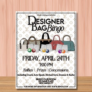 This is a listing for a Designer Bag Bingo Event flyer and Social media post template. Editable in Photoshop and optimized for printing, posting, emailing, and texting.