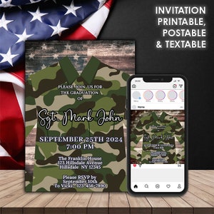 May include: Printable invitation with a camouflage pattern and the text "Please join us for the graduation of Sgt. Mark John September 25th 2024 7:00 PM The Franklin House 123 Hillsdale Avenue Hillsdale NY 12345 Please RSVP by September 10th To Vicki - 123-456-7890"