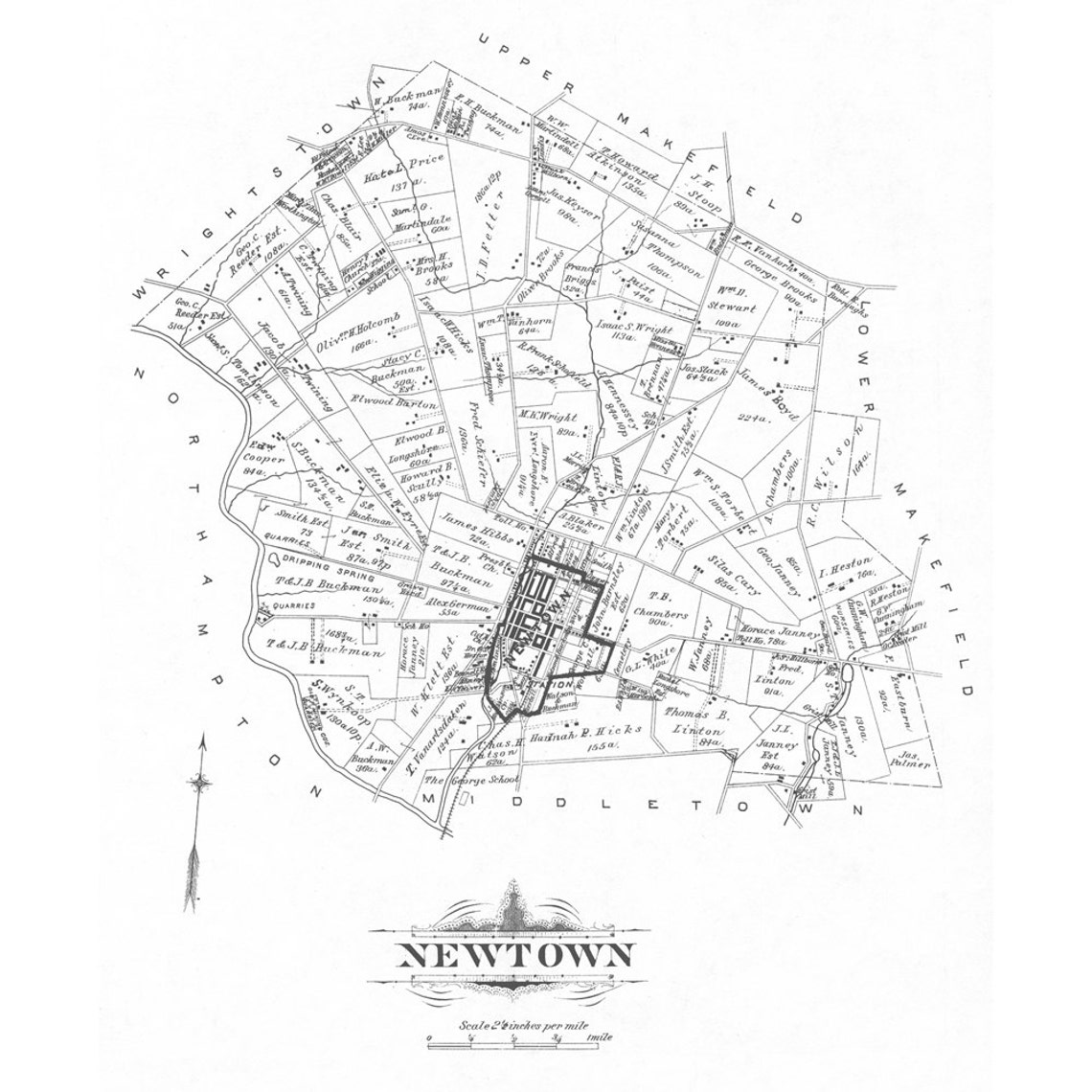 Newtown, Pennsylvania Vintage Map Your Hometown Bucks County