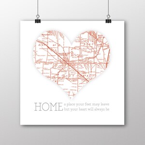 May include: A red and white vintage map of Hatfield, Massachusetts, shaped like a heart. The text "HOME a place your feet may leave but your heart will always be" is below the map.