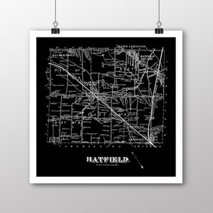 May include: Black and white map of Hatfield, Kansas, showing the town's layout and surrounding areas. The map includes the names of various locations, including Hochertown, Hatfield Centre, and Lansdale. The map also shows the boundaries of different districts and townships.