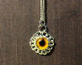 Yellow Glass Taxidermy Eye Sunflower Necklace