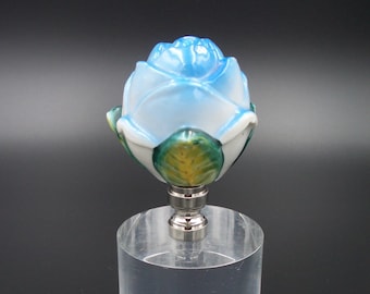 Custom Lamp Finial with a Hand Painted Blue Porcelain Rose