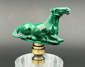 Custom Made Lamp Finial Featuring  A Natural Genuine  Hand Carved Seated Malachite Horse