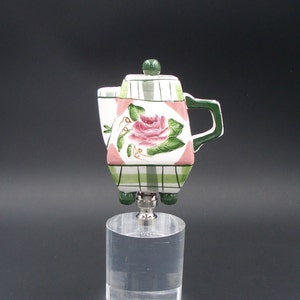 Custom Lamp Finial Featuring A Pink and Green Plaid Teapot with Roses