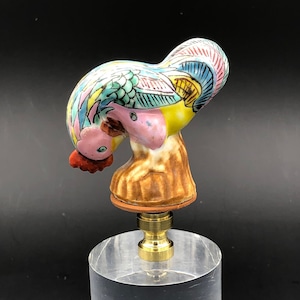 Custom Lamp Finial Featuring a Chinese Rooster with a Pastel Harelquin Coat