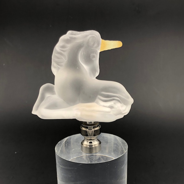 custom Lamp Finial Featuring a Recumbent Frosted Glass Unicorn with a  Gold Horn