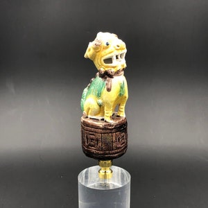 Custom Lamp Finial Featuring a Chinese Yellow & Green Foo Lion on an Octagonal  Brown Base.