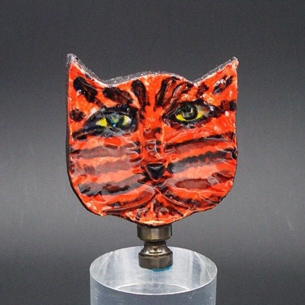 Custom Lamp Finial Featuring a Custom Hand Crafted  and Hand Painted Striped Porcelain Orange Cat Face