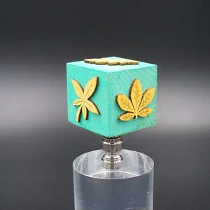 Custom Lamp Finial with a Hand Made and Painted Aqua Cube with 5 Different Pale Yellow Leaves