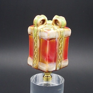 Custom  Christmas Lamp Finial Featuring a Beautifully Wrapped Christmas Present in Red, Green  and Gold