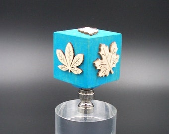 Custom Lamp Finial with a Hand Made and Painted Turquoise Cube  with 5 Different Leaves