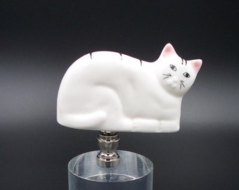 Custom Lamp Finial with a Happy Reclining White House Cat