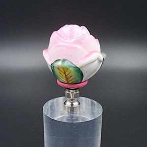 Custom Lamp Finial Featuring a Hand Painted Pink Rosebud with Three Leaves