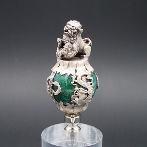 Custom Lamp Finial Featuring a Green Marble Sphere in a Chinese Pewter Setting with a Food Dog 0n Top