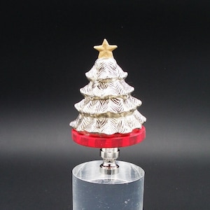 Custom  Christmas Lamp Finial For the Holidays Featuring a Silver Plated Christmas Tree with a Gold Star on a Striped Pedestal.