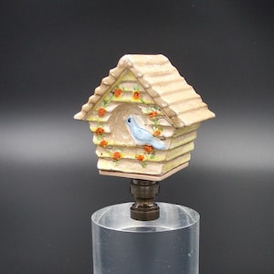 Custom Lamp Finial with a Charming Bird House & a Little Blue Bird