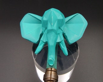 Custom Lamp Finial with a  Geometricly Faceted Turquoise Blue Elephant Head
