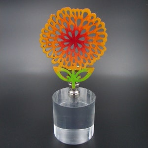 Custom Lamp Finial featuring a Laser Cut Silhouette of a HAND PAINTED Zinnia