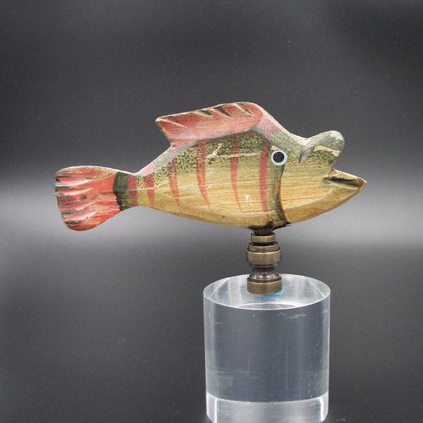 Custom Lamp Finial Featuring a Hand Carved and Painted Green and Orange Wooden Fish