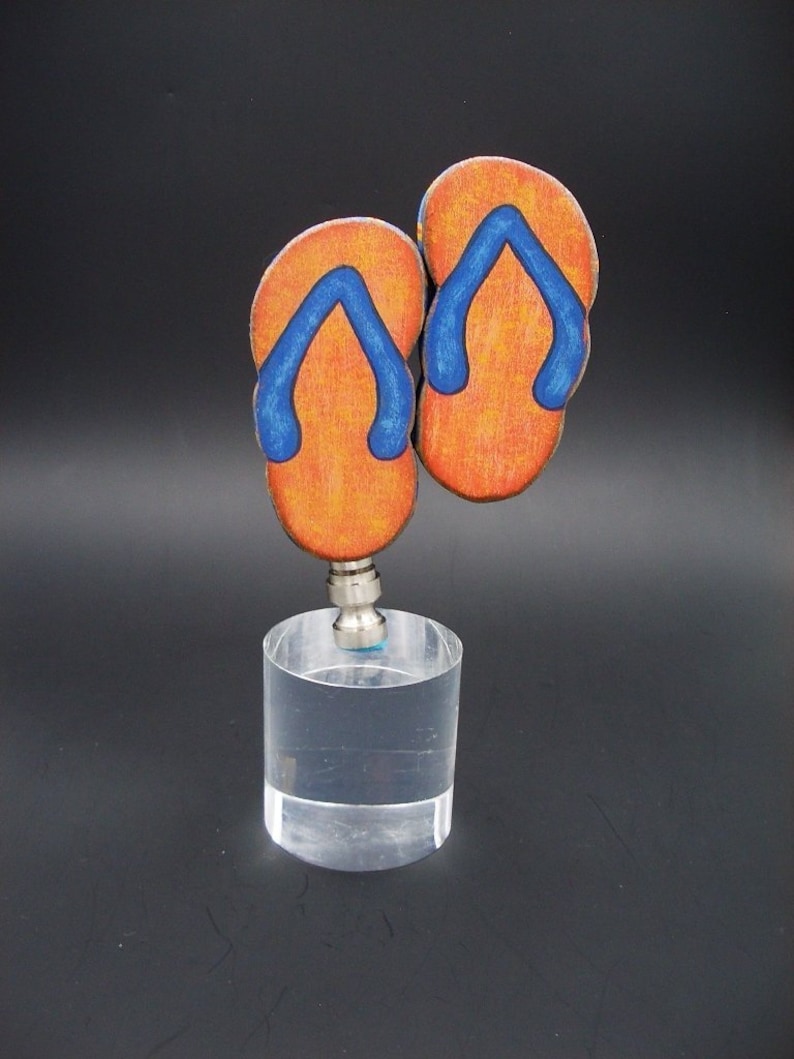 Custom Lamp Finial Featuring a Pair of Hand Painted Blue and Orange Flip Flops