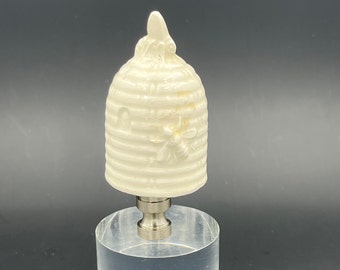 Custom Lamp finial Featuring a White Bee Hive with Tiny Bees on Top