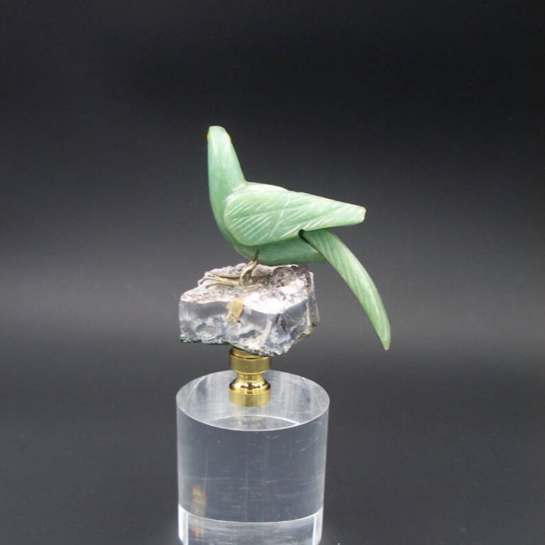 Custom Lamp Finial Featuring a Green Parrot made from Natural Hardstones and Amethyst Geode