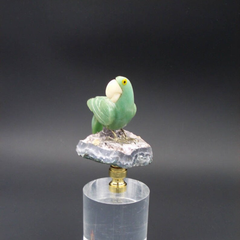 Custom Lamp Finial Featuring a Green Parrot made from Natural Hardstones and Amethyst Geode
