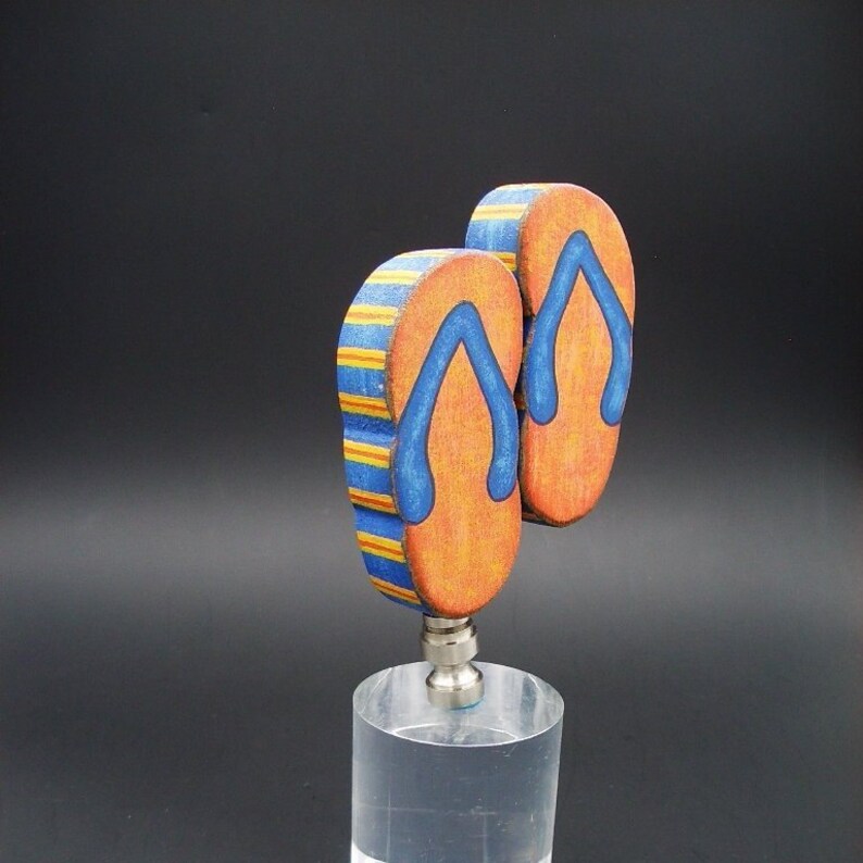 Custom Lamp Finial Featuring a Pair of Hand Painted Blue and Orange Flip Flops