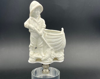 Custom Lamp Finial Featuring an Antique Victorian Bisque Figure of a Boy with a Basket and Net