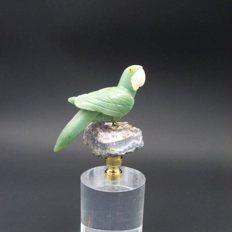 Custom Lamp Finial Featuring a Green Parrot made from Natural Hardstones and Amethyst Geode