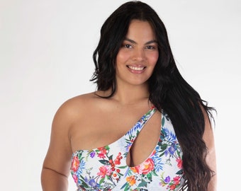 One Shoulder Asymmetrical One-Piece Bathing Suits with a Flower  Print Design