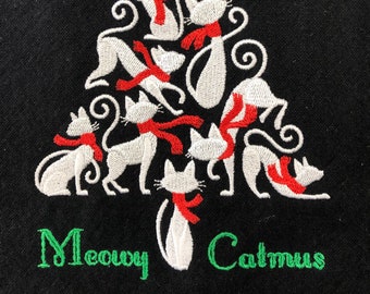 Meowy Catmas Embroidered Tea Towel / Cat Lover Gift / Cat Kitchen Towel